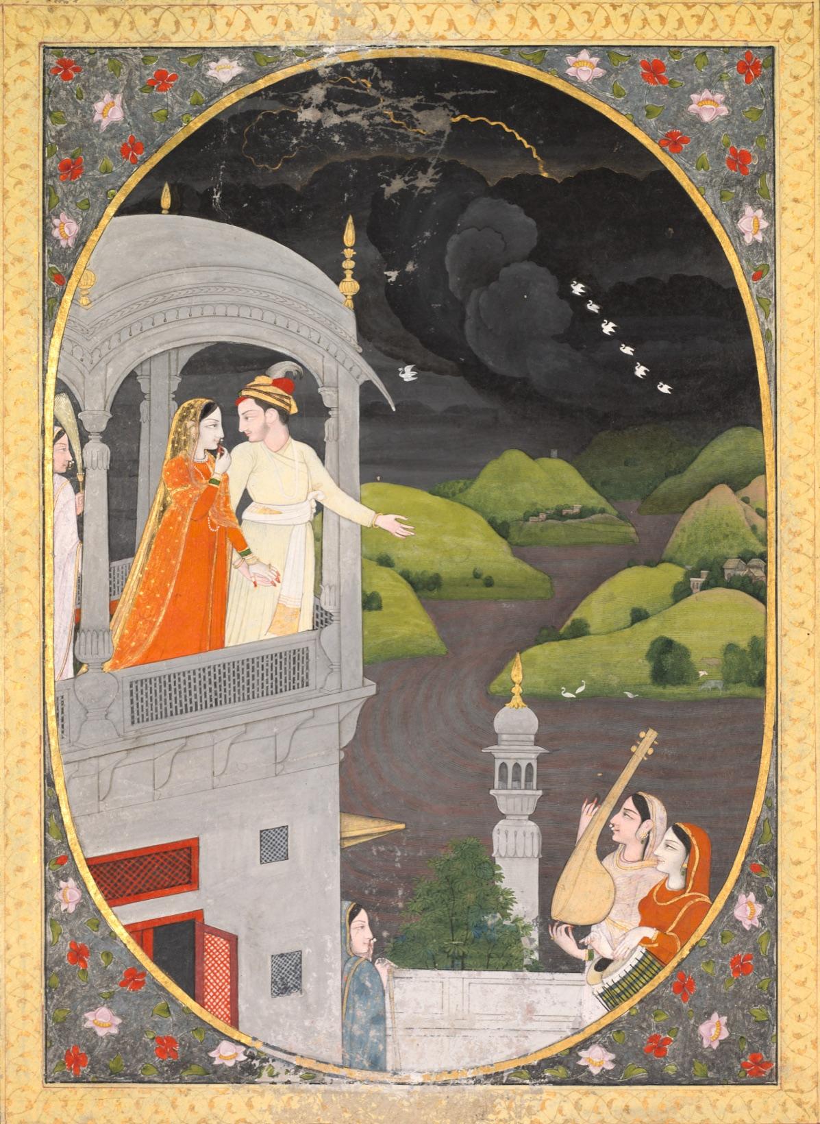 A painted miniature: a prince and his beloved on a white palace balcony, watching dark monsoon clouds and a line of white cranes; two women play music below.